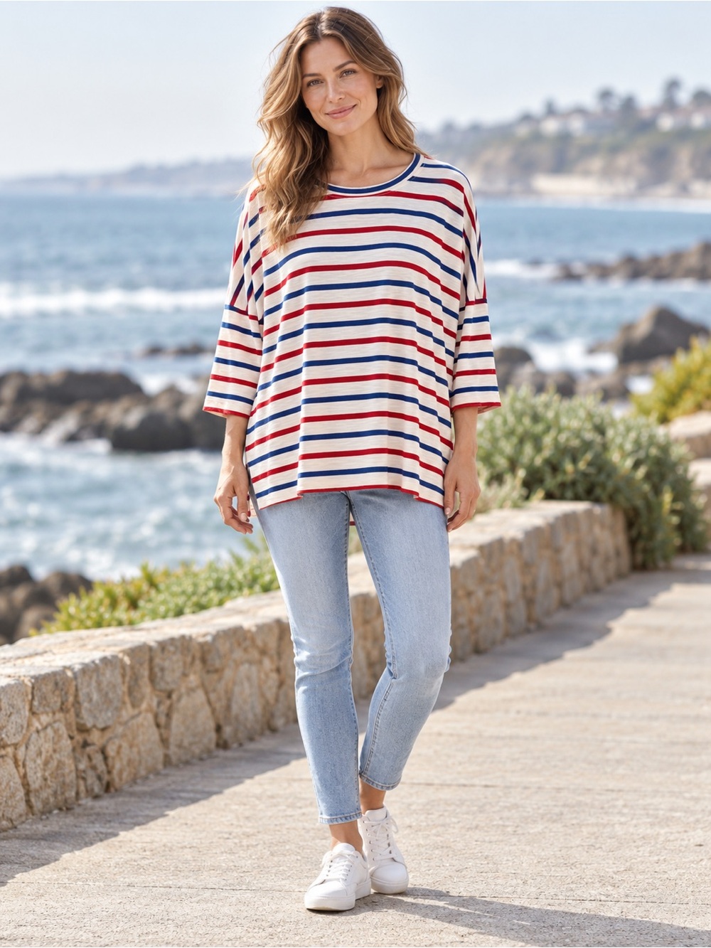MERSEA Catalina Slub Tee Red Blue Cream Stripe Oversized Coastal Top OS Preppy